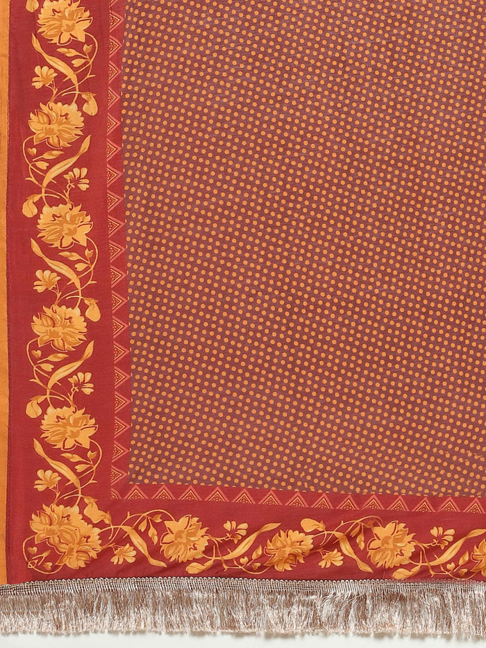 Women Muslin Burgundy Ornamental Print Kurta Comfort Pant Dupatta.
