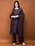 Women Muslin Burgundy Placement Print Kurta Comfort Pant Dupatta.
