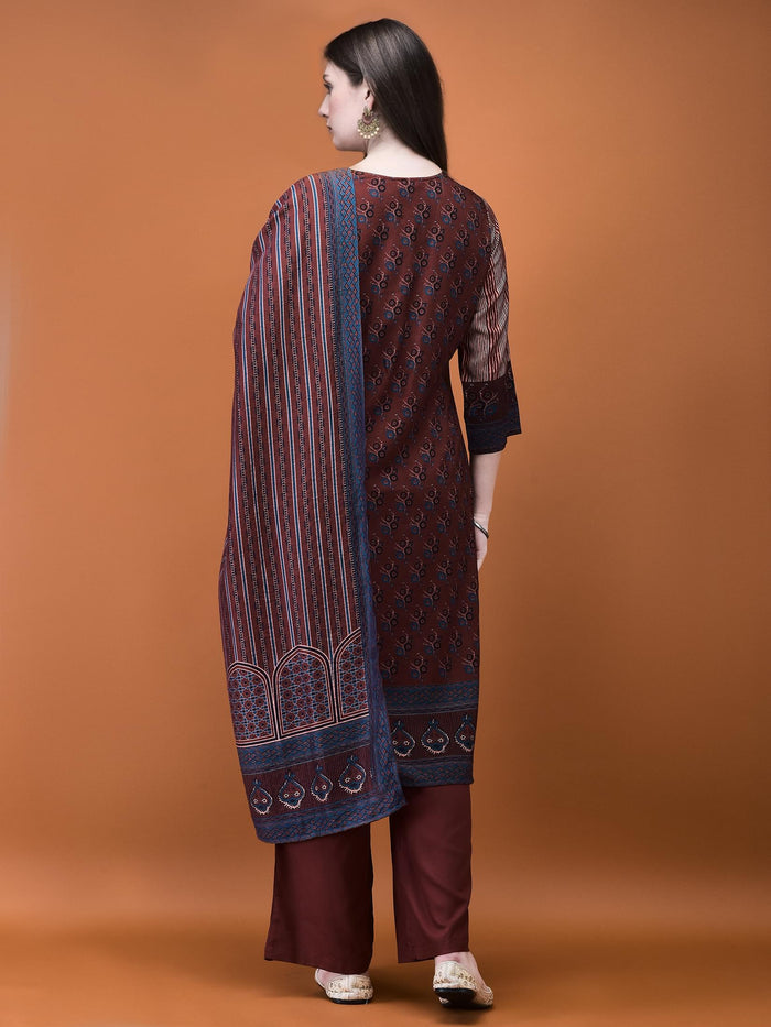 Women Muslin Burgundy Placement Print Kurta Comfort Pant Dupatta.