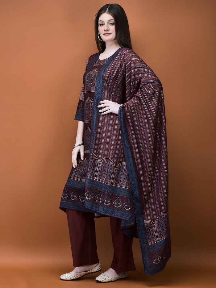 Women Muslin Burgundy Placement Print Kurta Comfort Pant Dupatta.