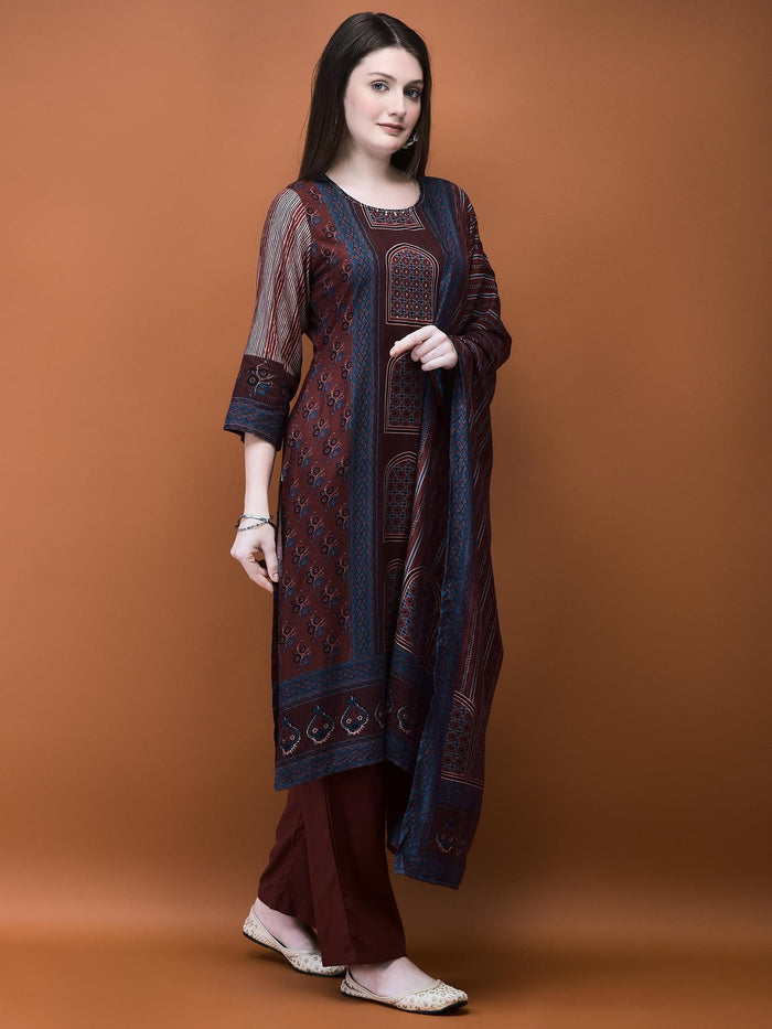 Women Muslin Burgundy Placement Print Kurta Comfort Pant Dupatta.