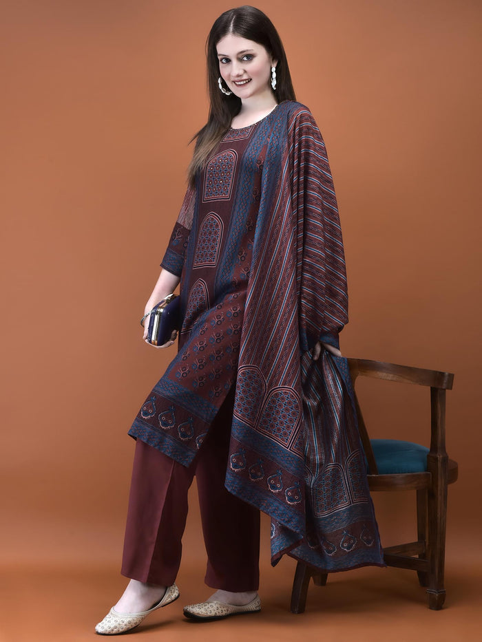 Women Muslin Burgundy Placement Print Kurta Comfort Pant Dupatta.
