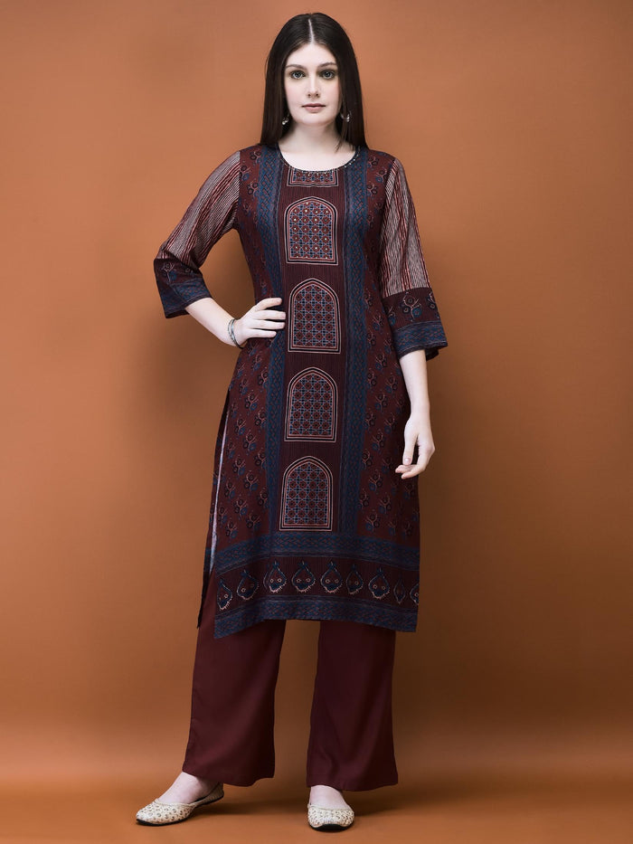 Women Muslin Burgundy Placement Print Kurta Comfort Pant Dupatta.