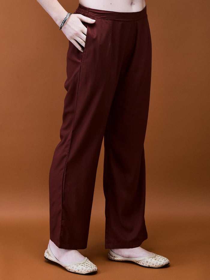 Women Muslin Burgundy Placement Print Kurta Comfort Pant Dupatta.