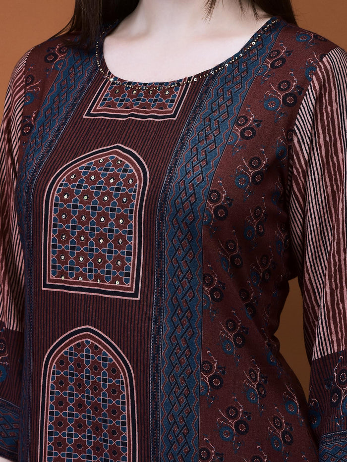 Women Muslin Burgundy Placement Print Kurta Comfort Pant Dupatta.