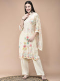 Women Muslin Cream Placement Print Kurta Comfort Pant Dupatta.