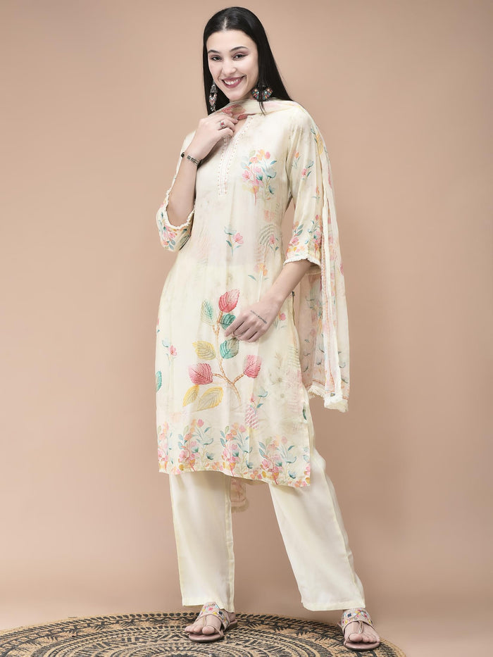 Women Muslin Cream Placement Print Kurta Comfort Pant Dupatta.