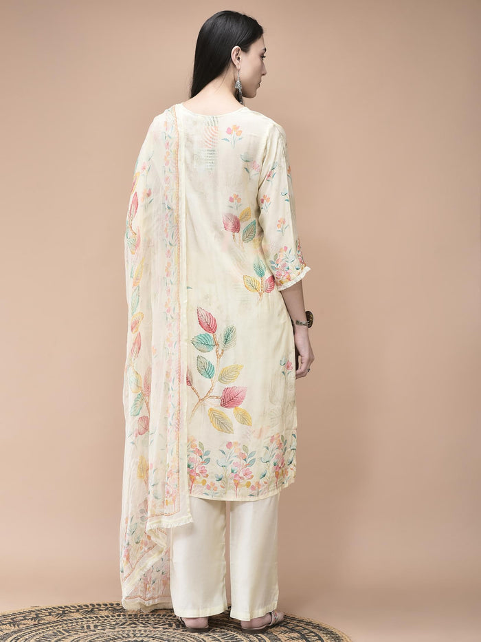 Women Muslin Cream Placement Print Kurta Comfort Pant Dupatta.