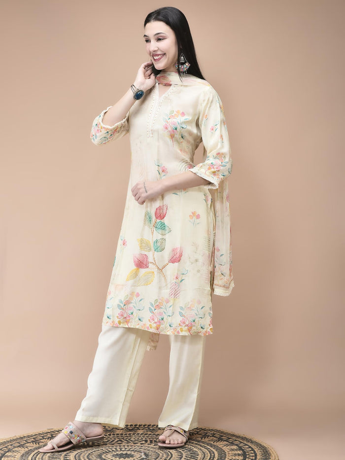 Women Muslin Cream Placement Print Kurta Comfort Pant Dupatta.