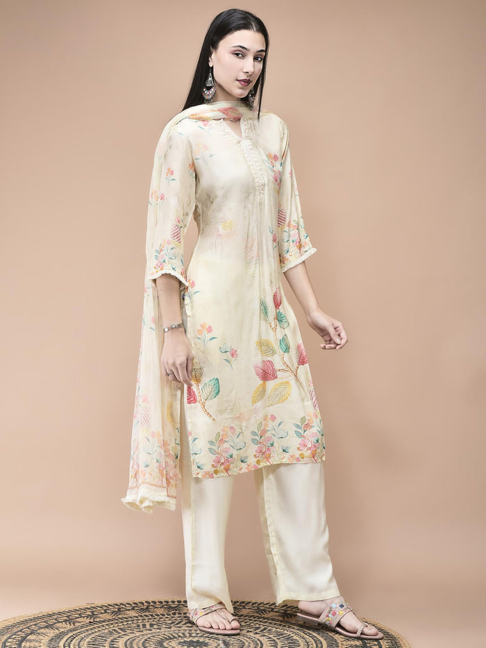 Women Muslin Cream Placement Print Kurta Comfort Pant Dupatta.