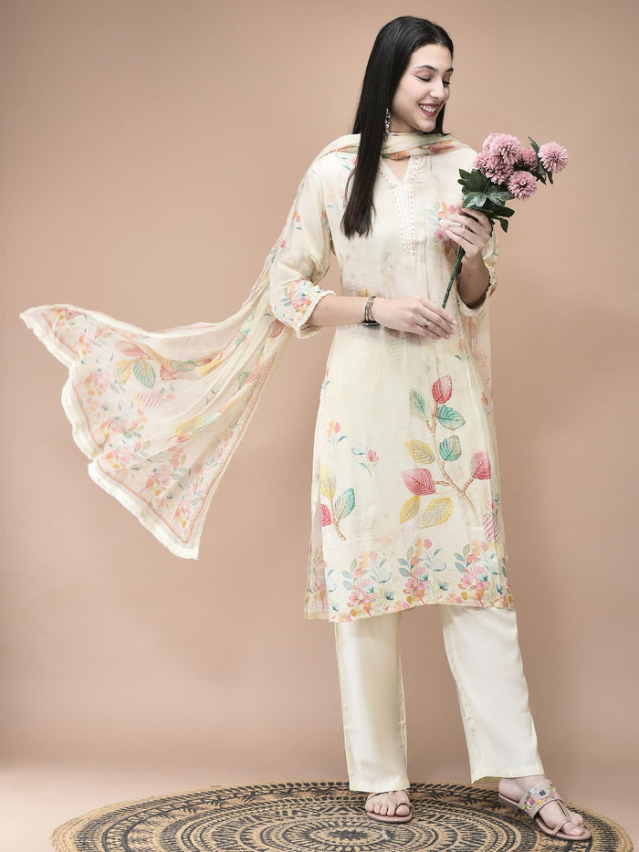 Women Muslin Cream Placement Print Kurta Comfort Pant Dupatta.