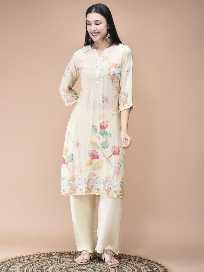 Women Muslin Cream Placement Print Kurta Comfort Pant Dupatta.