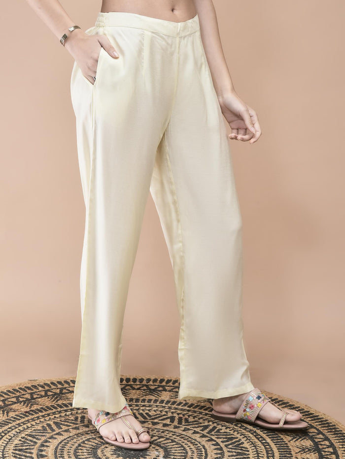 Women Muslin Cream Placement Print Kurta Comfort Pant Dupatta.