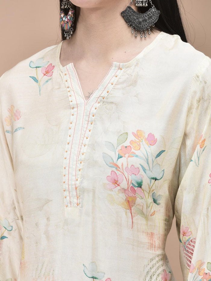 Women Muslin Cream Placement Print Kurta Comfort Pant Dupatta.