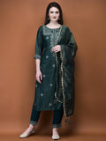 Women Muslin Green Embroidered Kurta Comfort Pant Dupatta.