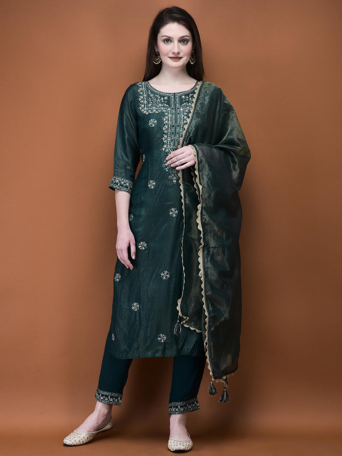 Women Muslin Green Embroidered Kurta Comfort Pant Dupatta.