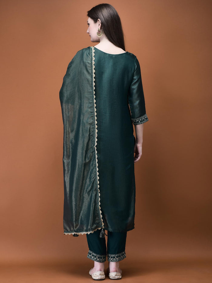 Women Muslin Green Embroidered Kurta Comfort Pant Dupatta.