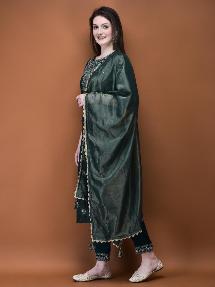 Women Muslin Green Embroidered Kurta Comfort Pant Dupatta.