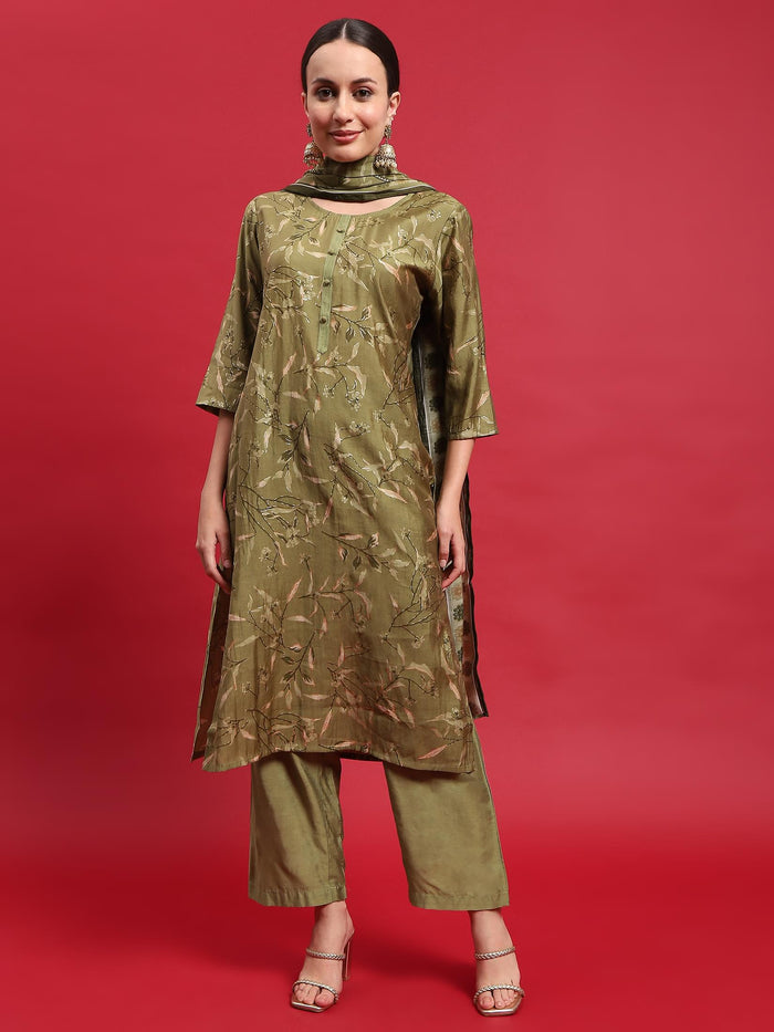 Women Muslin Green Floral Print Kurta Comfort Pant Dupatta.