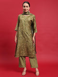 Women Muslin Green Floral Print Kurta Comfort Pant Dupatta.