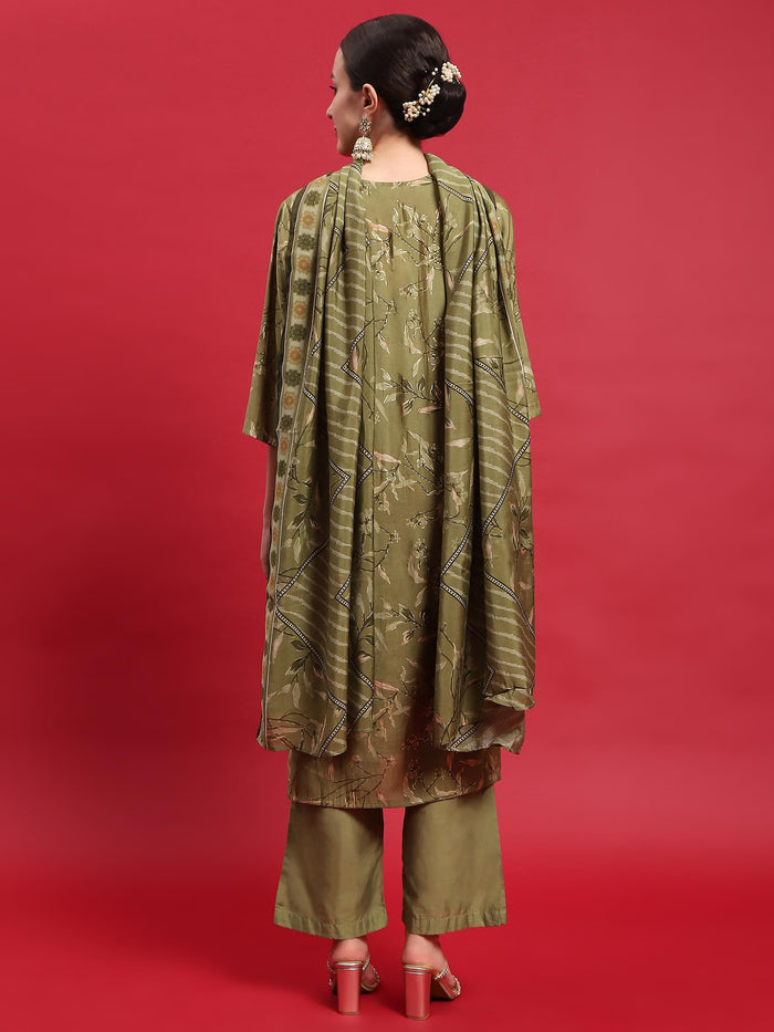 Women Muslin Green Floral Print Kurta Comfort Pant Dupatta.