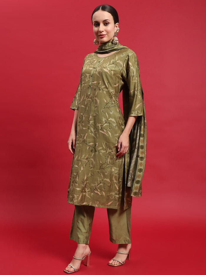 Women Muslin Green Floral Print Kurta Comfort Pant Dupatta.