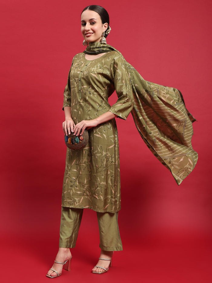 Women Muslin Green Floral Print Kurta Comfort Pant Dupatta.