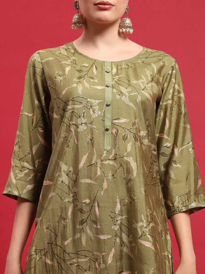 Women Muslin Green Floral Print Kurta Comfort Pant Dupatta.