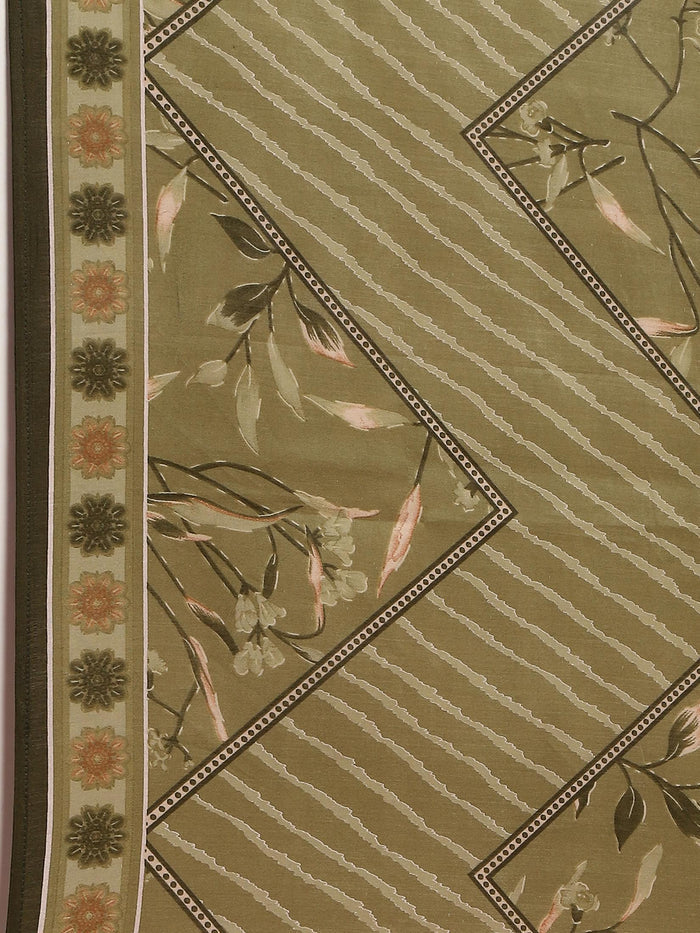 Women Muslin Green Floral Print Kurta Comfort Pant Dupatta.