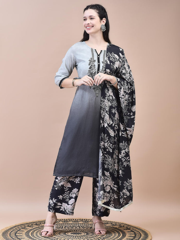 Women Muslin Grey Embroidered Kurta Comfort Pant Dupatta.