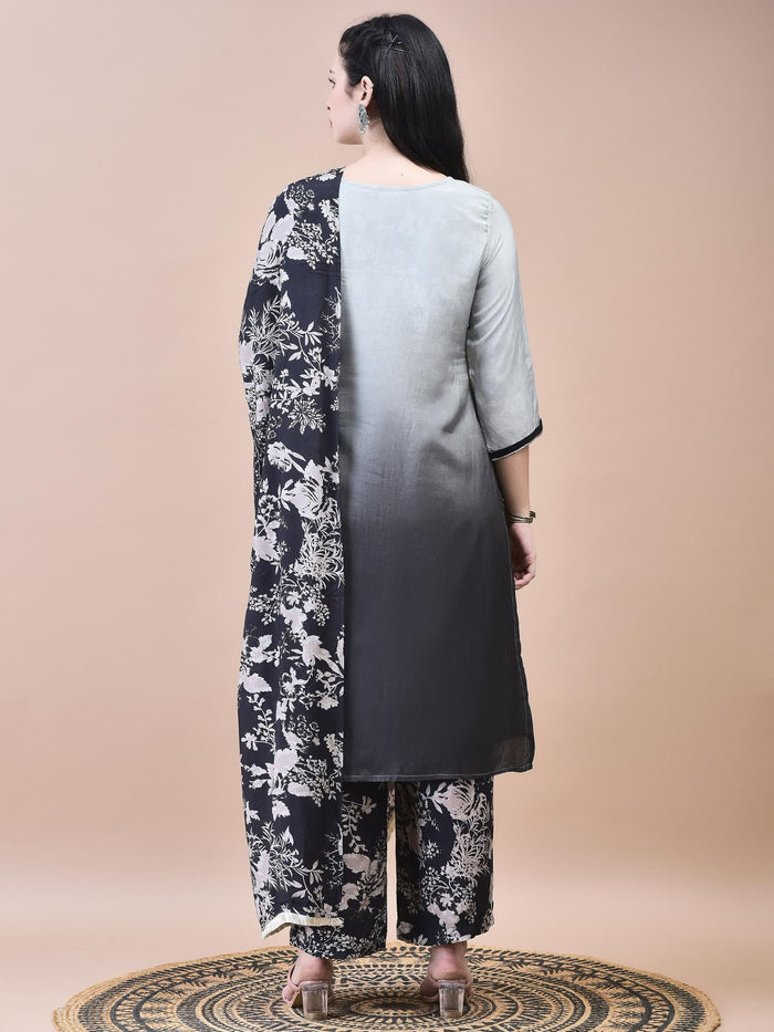 Women Muslin Grey Embroidered Kurta Comfort Pant Dupatta.