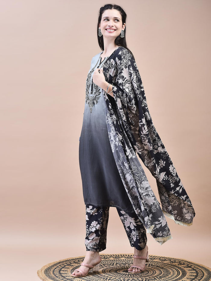 Women Muslin Grey Embroidered Kurta Comfort Pant Dupatta.