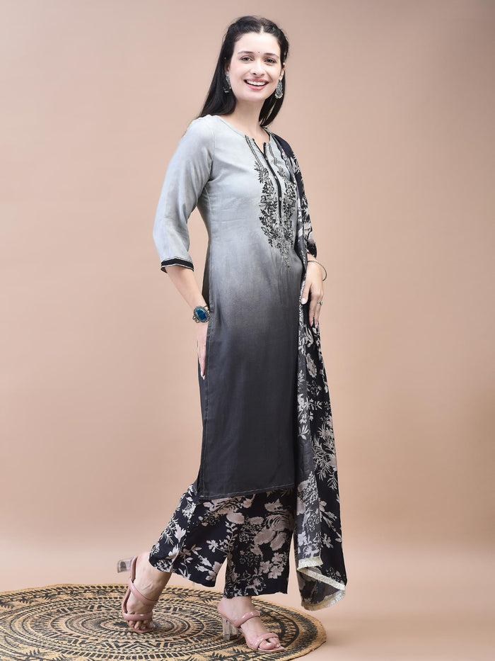 Women Muslin Grey Embroidered Kurta Comfort Pant Dupatta.