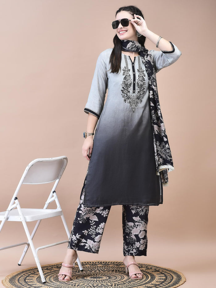 Women Muslin Grey Embroidered Kurta Comfort Pant Dupatta.