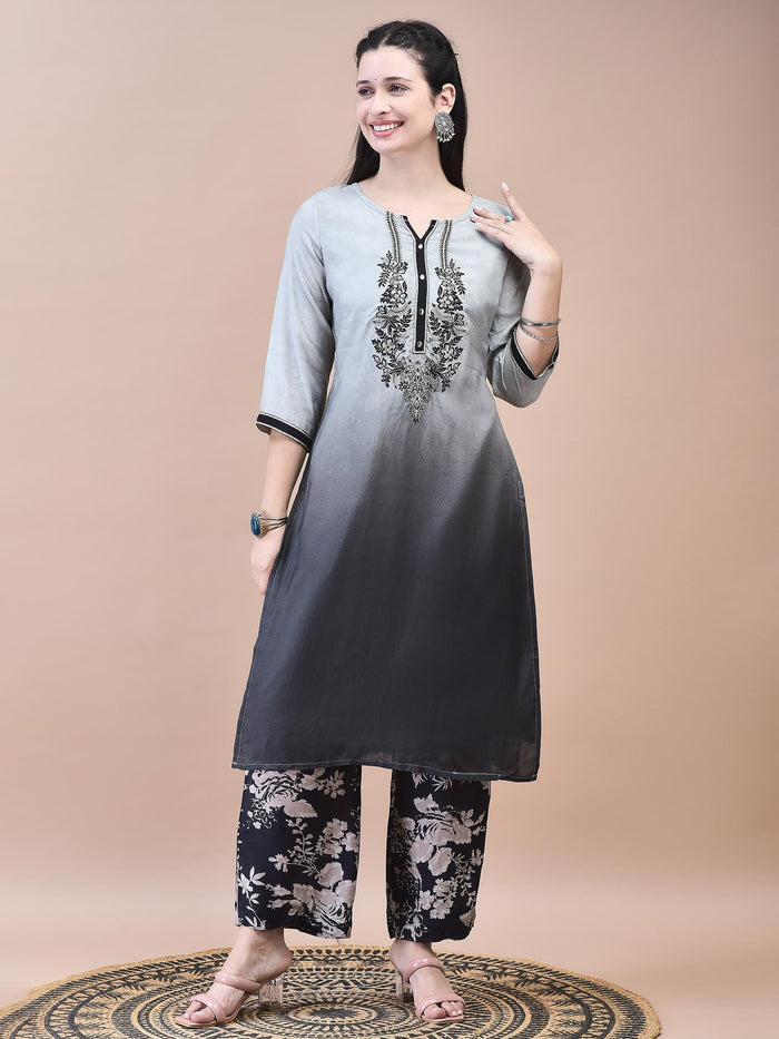 Women Muslin Grey Embroidered Kurta Comfort Pant Dupatta.