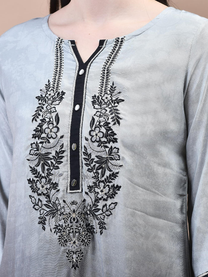 Women Muslin Grey Embroidered Kurta Comfort Pant Dupatta.