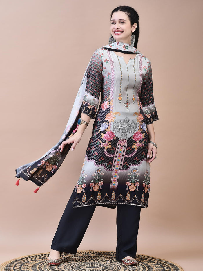 Women Muslin Grey Floral Print Kurta Comfort Pant Dupatta.