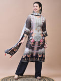 Women Muslin Grey Floral Print Kurta Comfort Pant Dupatta.