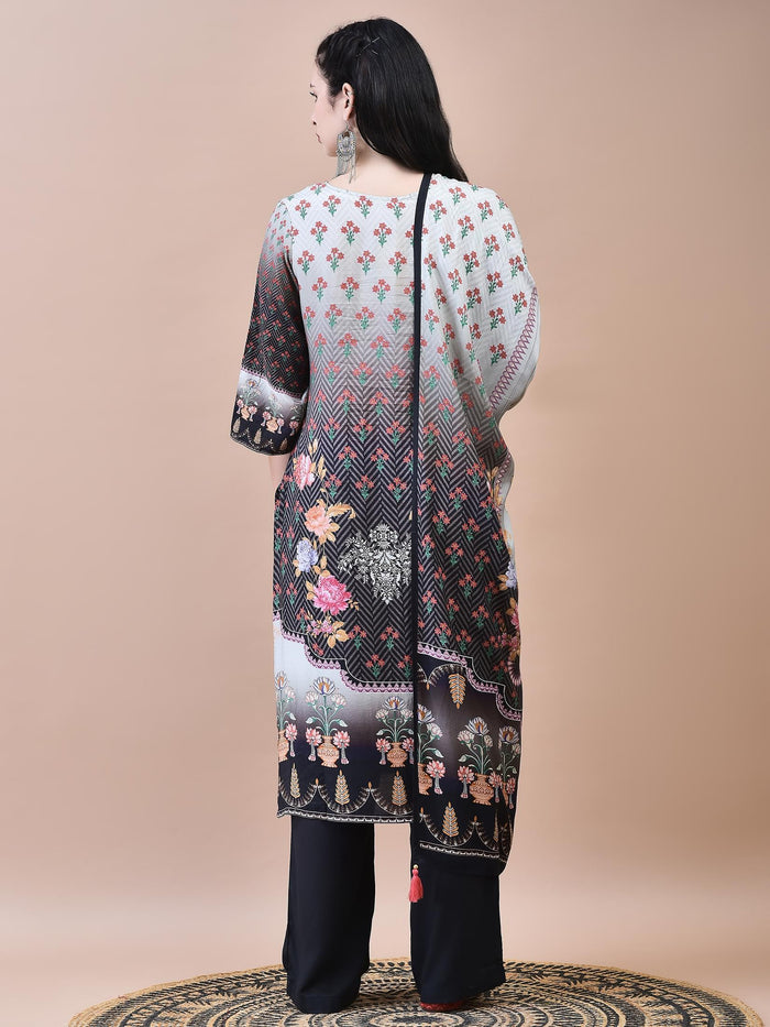 Women Muslin Grey Floral Print Kurta Comfort Pant Dupatta.