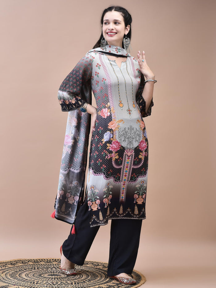 Women Muslin Grey Floral Print Kurta Comfort Pant Dupatta.