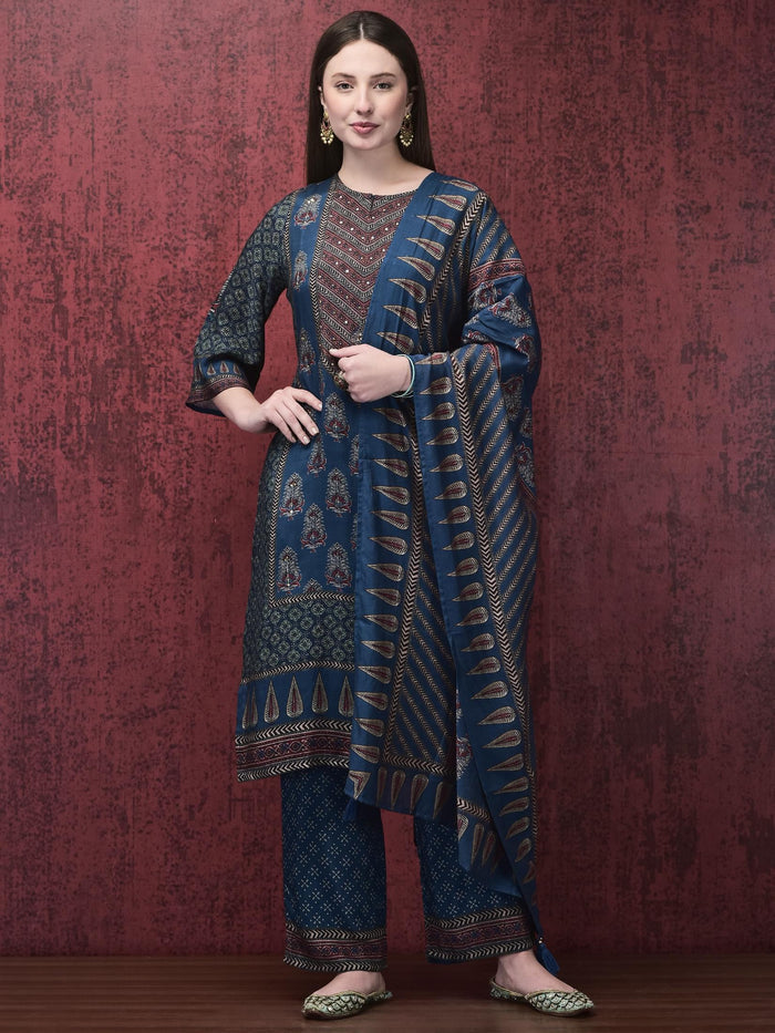 Women Muslin Indigo Ajrakh Print Kurta Comfort Pant Chanderi Dupatta.