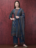 Women Muslin Indigo Ajrakh Print Kurta Comfort Pant Chanderi Dupatta.