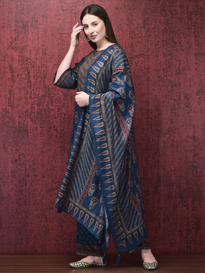 Women Muslin Indigo Ajrakh Print Kurta Comfort Pant Chanderi Dupatta.