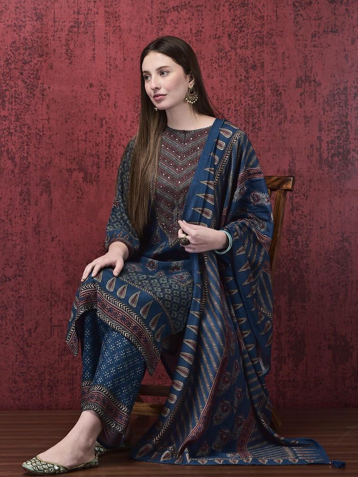 Women Muslin Indigo Ajrakh Print Kurta Comfort Pant Chanderi Dupatta.