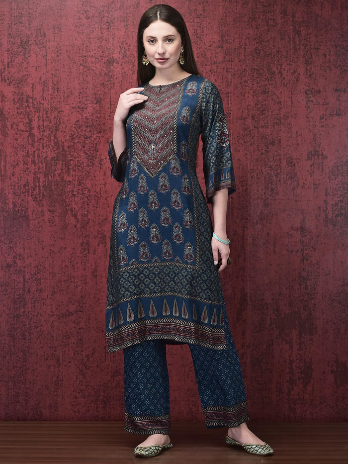 Women Muslin Indigo Ajrakh Print Kurta Comfort Pant Chanderi Dupatta.