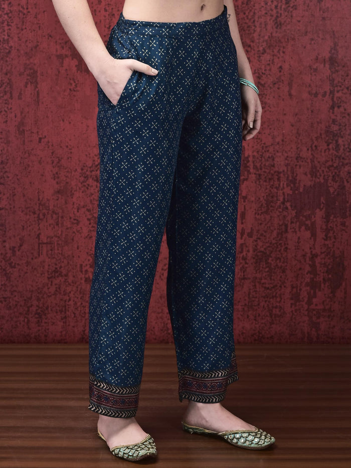 Women Muslin Indigo Ajrakh Print Kurta Comfort Pant Chanderi Dupatta.