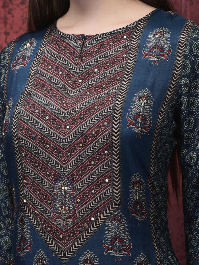 Women Muslin Indigo Ajrakh Print Kurta Comfort Pant Chanderi Dupatta.