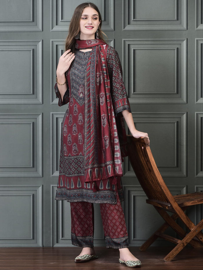 Women Muslin Maroon Ajrakh Print Kurta Comfort Pant Chanderi Dupatta.