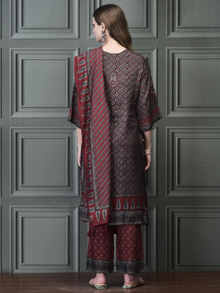 Women Muslin Maroon Ajrakh Print Kurta Comfort Pant Chanderi Dupatta.