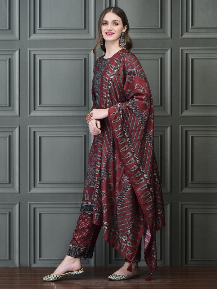 Women Muslin Maroon Ajrakh Print Kurta Comfort Pant Chanderi Dupatta.